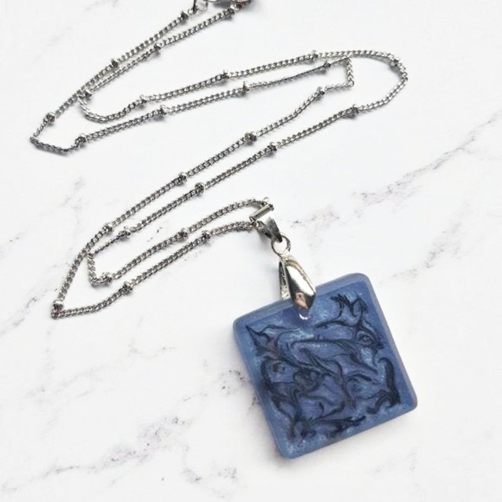 Blue and Black Tie Dye Necklace Handmade Square Resin Pendant Necklace